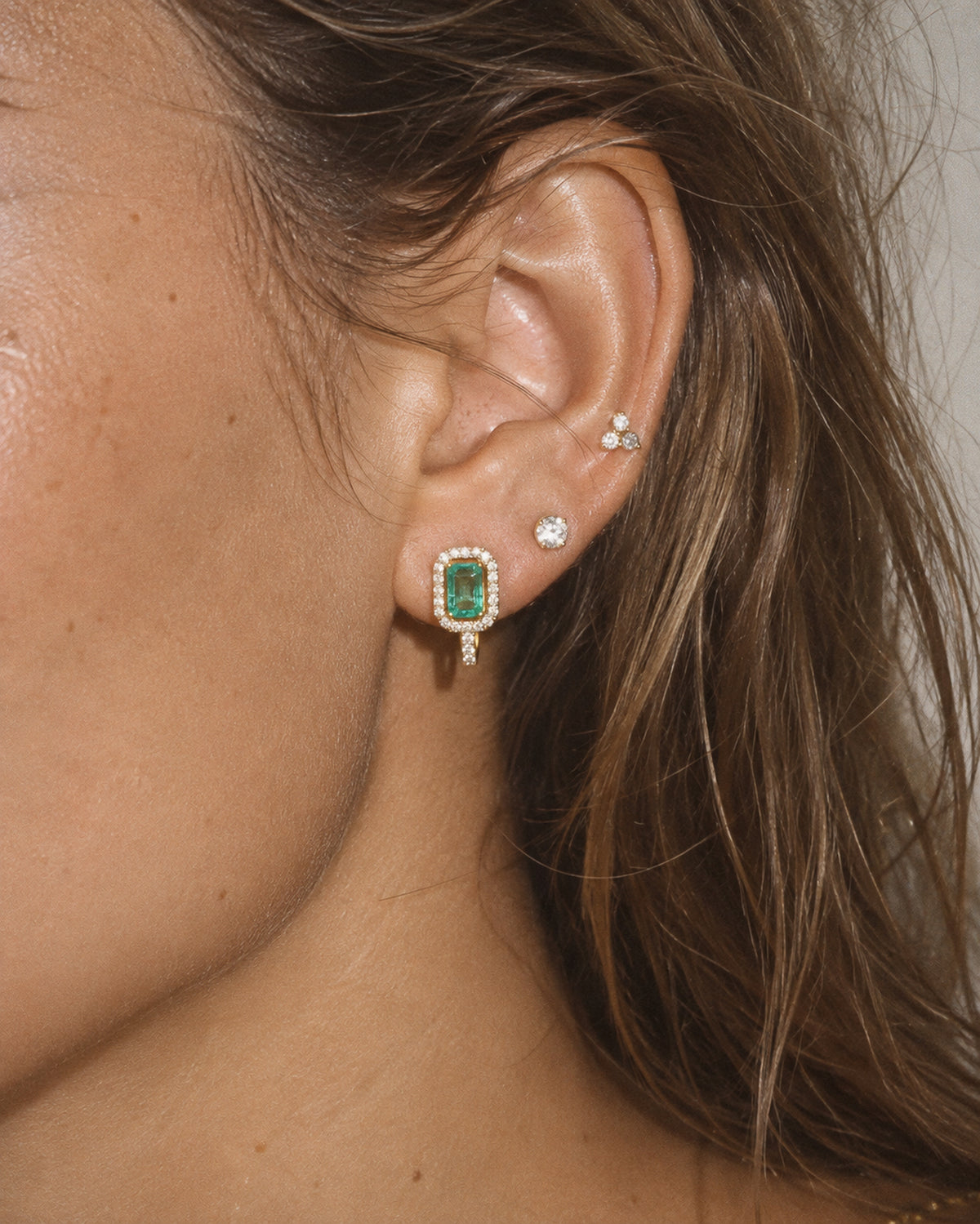 Gia Emerald & Diamond Huggies in Gold