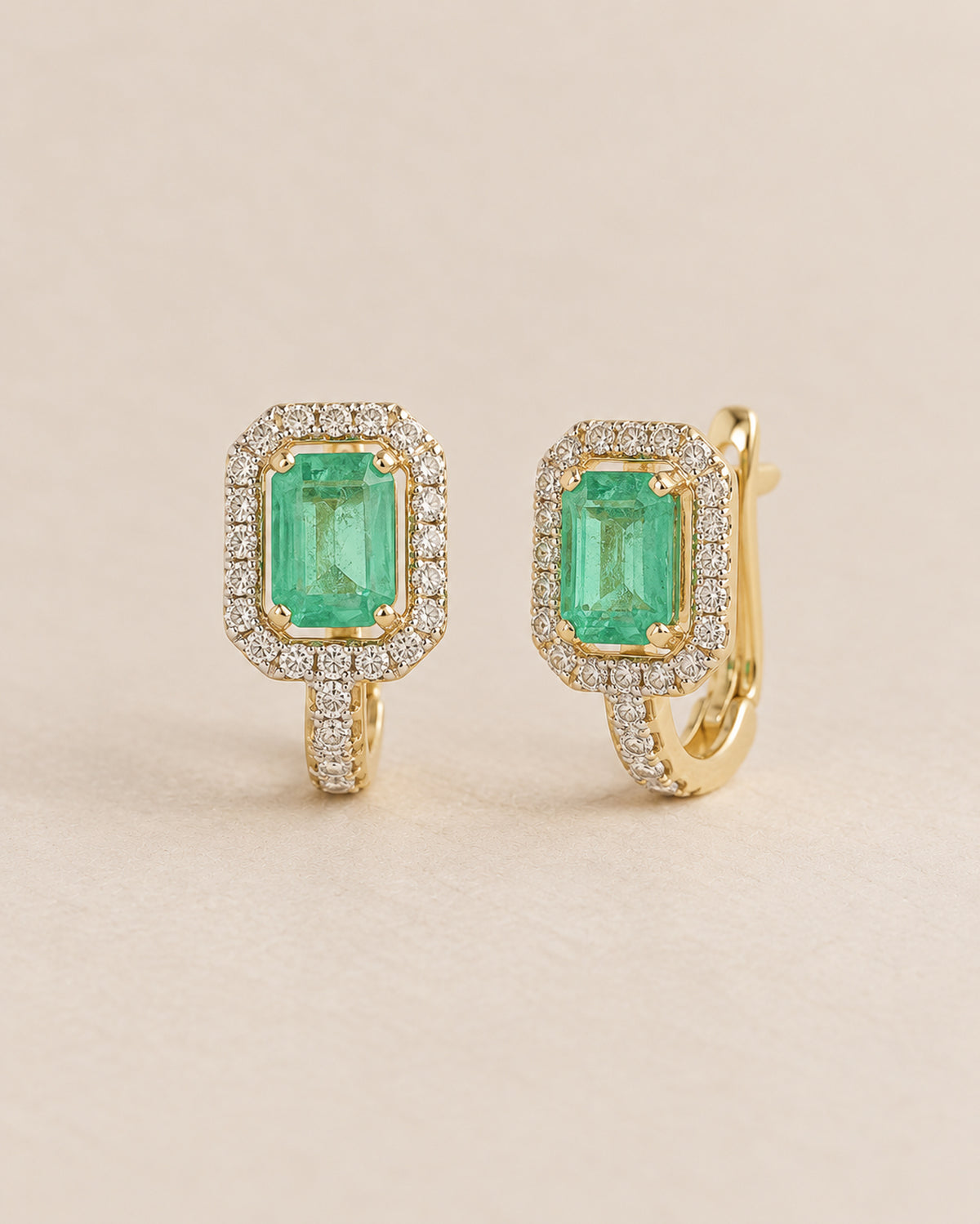 Gia Emerald & Diamond Huggies in Gold