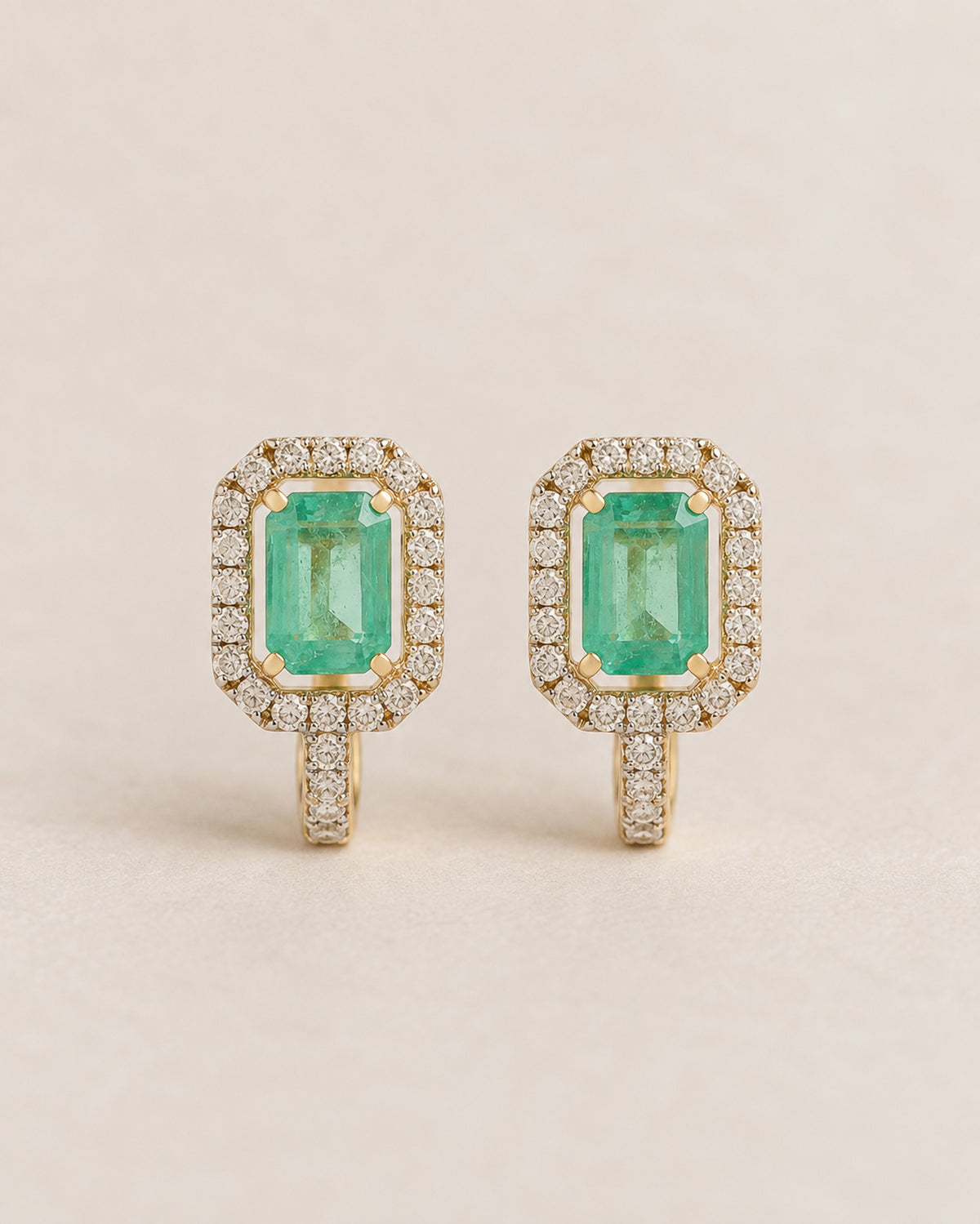 Gia Emerald & Diamond Huggies in Gold