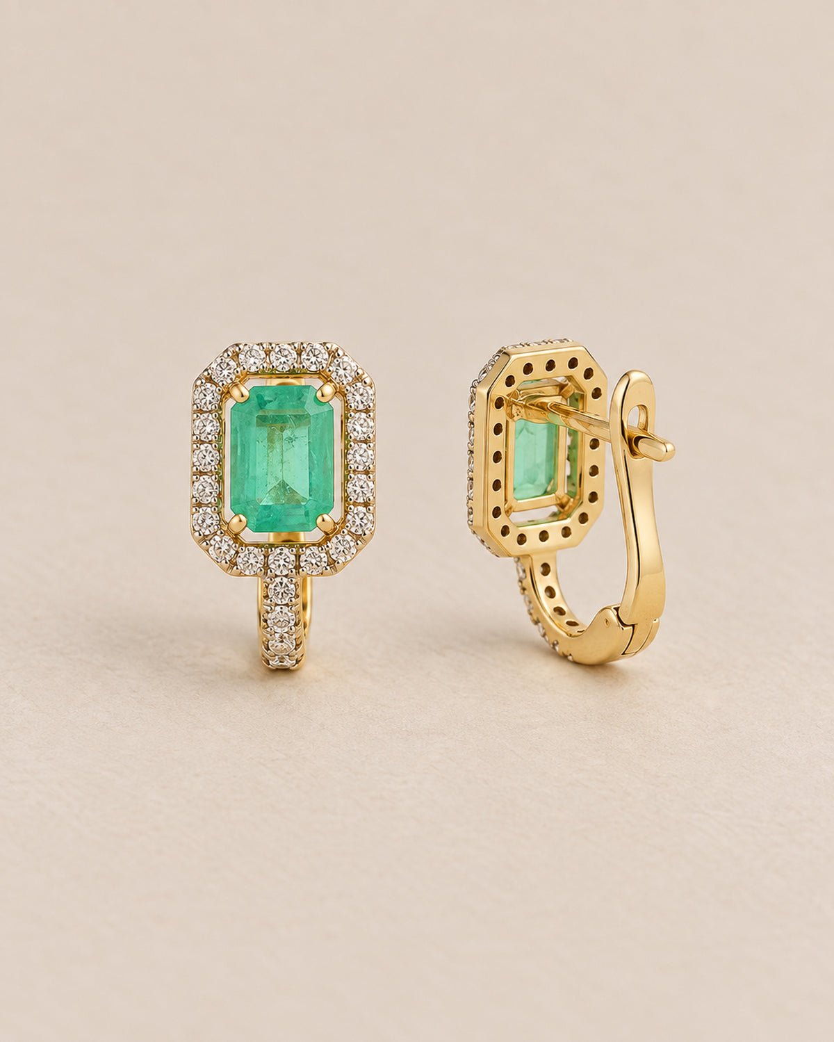 Gia Emerald & Diamond Huggies in Gold
