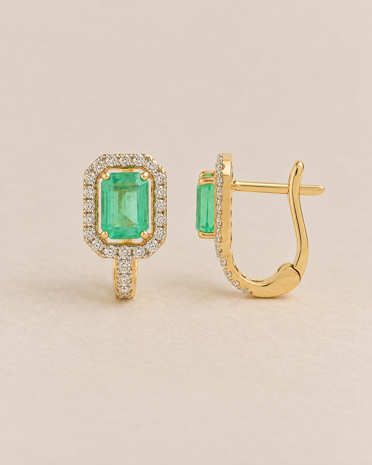 Gia Emerald & Diamond Huggies in Gold